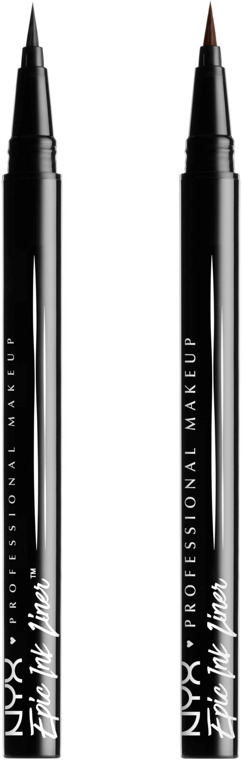 To svarte flytende eyelinerpenner med fine spisser, merket NYX Professional Makeup, står oppreist mot en svart bakgrunn.