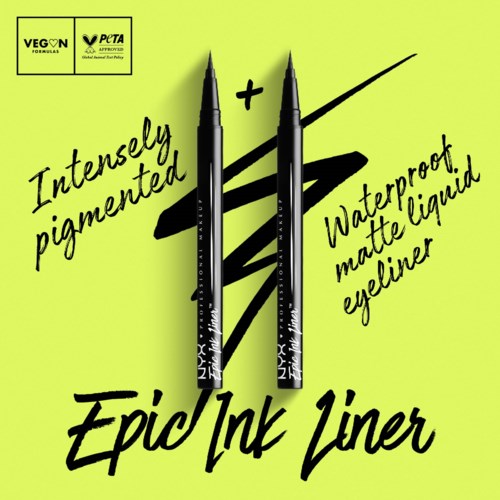 To svarte vannfaste flytende eyeliner på en lys grønn bakgrunn med fet tekst og logoer.
