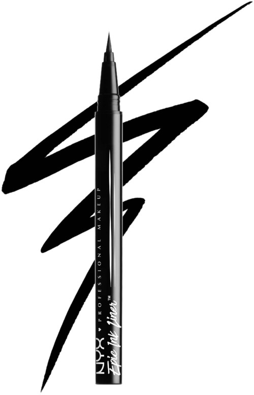 Ein NYX flüssiger Eyeliner mit schwarzer Tinte, dargestellt mit breiten schwarzen Strichen dahinter.
