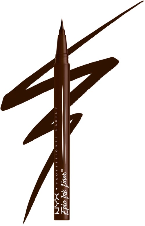 A brown liquid eyeliner pen, with the brand NYX and product name 'Epic Ink Liner,' has a long, pointed tip.