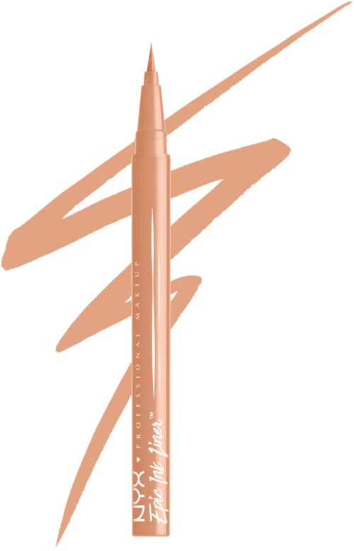 A beige pen with text and a stylized background mark, resembling an artistic signature or logo.