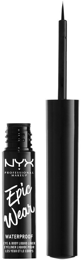 A black NYX waterproof liquid eyeliner with a thin brush, shown with the cap off.