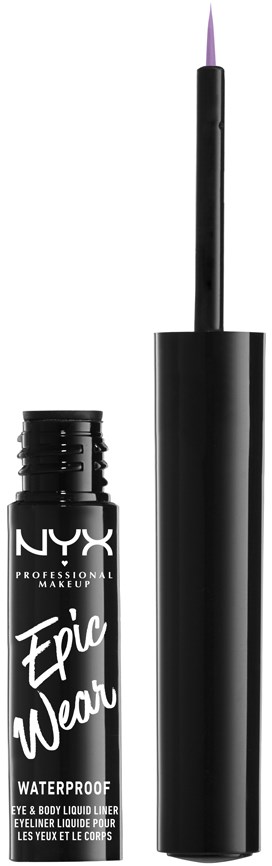 Mustan NYX-vesivärinen nestemäinen eyeliner, ohut harjaspensseli ja valkoinen teksti pullossa.