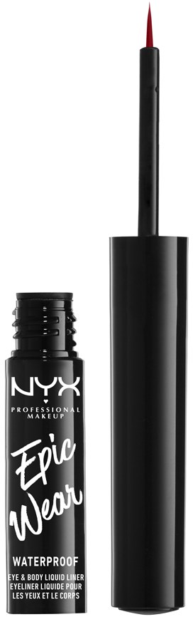 Punainen kärki ja sivellin, teksti NYX Epic Wear vesiliukoinen eyeliner.
