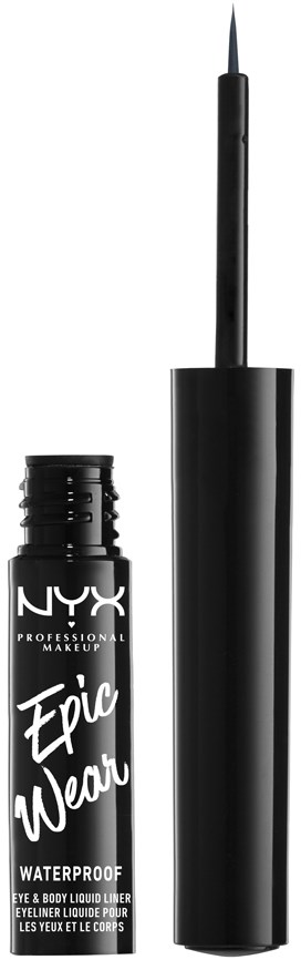 Ein schwarzer NYX Epic Wear wasserdichter flüssiger Eyeliner mit einer langen dünnen Pinsel. Flasche hat weiße und schwarze Schrift.
