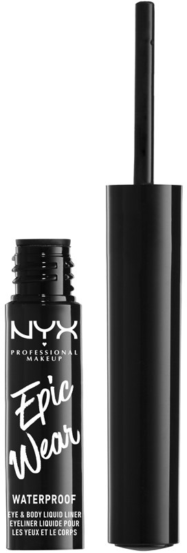 Musta nestemäinen eyeliner NYX Epic Wear Waterproof -merkinnällä ja sopiva kansi, jonka sisällä on sivellin.