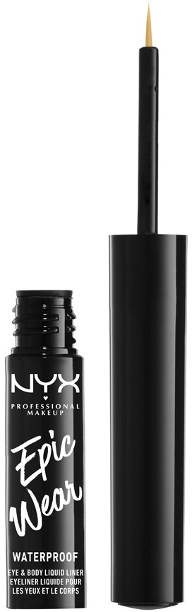 Musta ripsiväritölkki pitkällä siveltimellä, merkiltään NYX Epic Wear vedenkestävä silmämeikki.