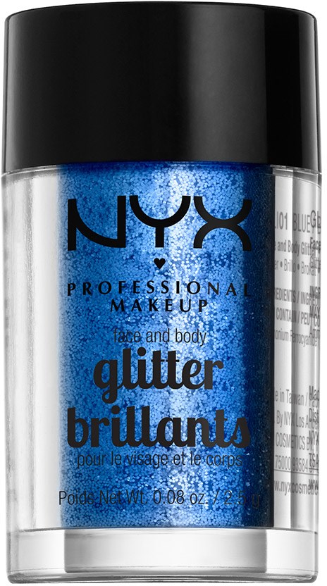 En tydlig behållare med blå glitter inuti, märkt NYX professional makeup glitter brilliants.