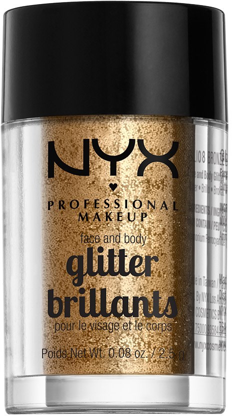 En liten behållare med NYX-glittermakeup med svart lock och guldglitter inuti.