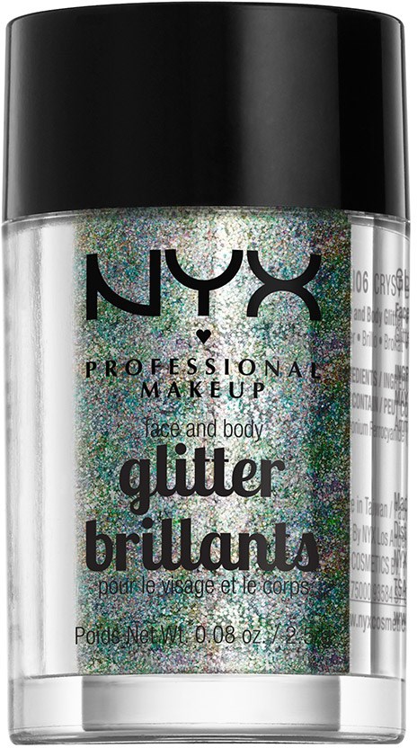 Liten tydlig burk med svart lock med glitter och färg för ansikte och kropp.