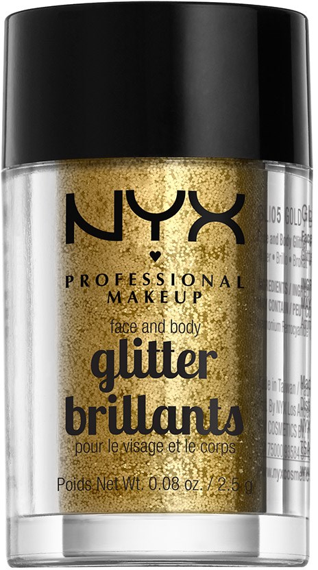 Ein kleiner transparenter Behälter mit goldener Glitzer, schwarzem Deckel und Etikett mit 'NYX' und 'glitter brillante'.