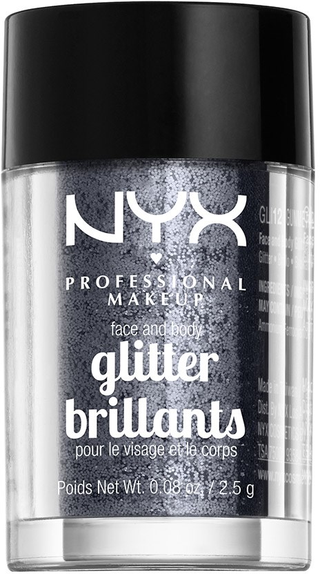 En förpackning med NYX-glitterns för ansikte och kropp, med svart lock och transparent kropp som visar silverglitter.