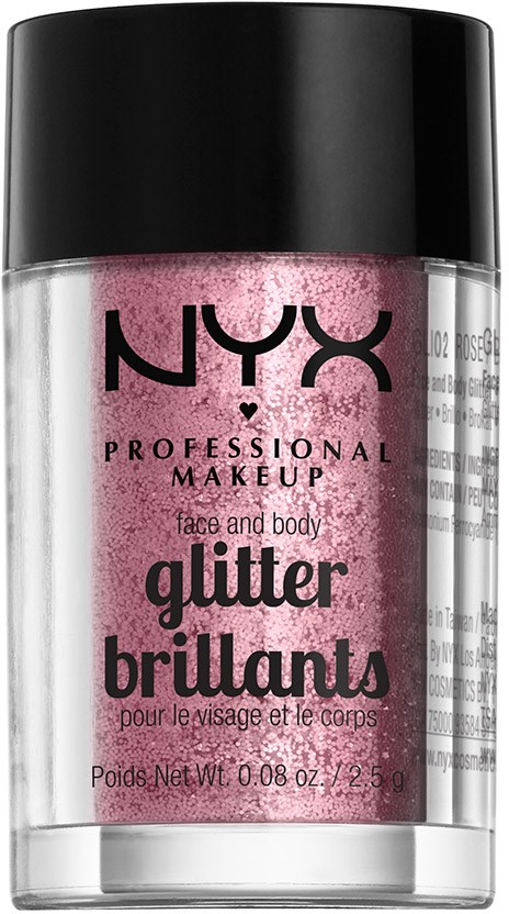 Przezroczysty pojemnik z różowym brokatem, oznaczony NYX Professional Makeup Glitter Brillants do twarzy i ciała.