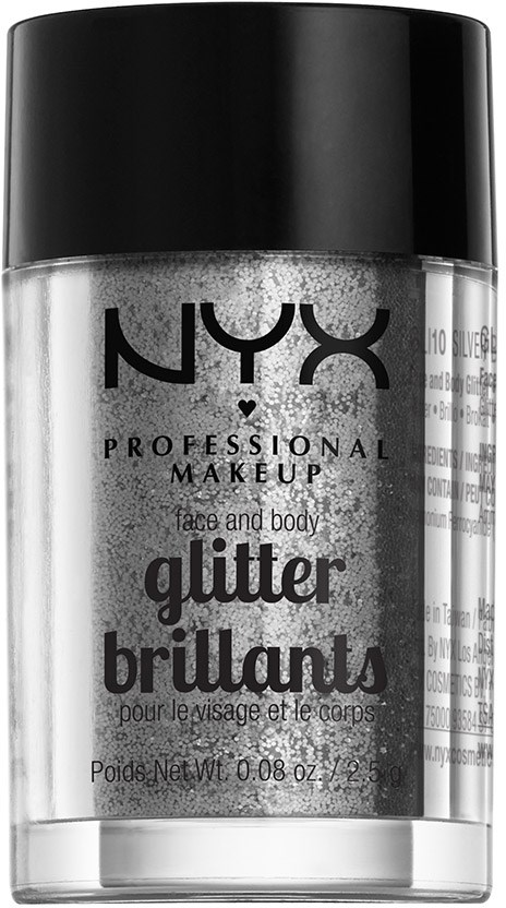 En genomskinlig behållare med NYX-glitterpulver med svart lock, märkt som 'glitter brilliants' för ansikte och kropp.