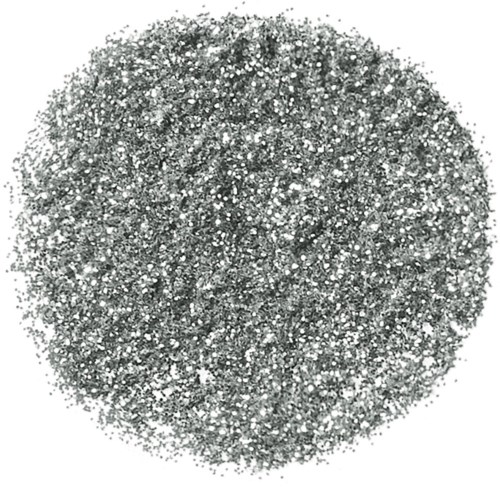 En hög av silverglitter med många glittriga, små partiklar, som breder ut sig i en rund form.