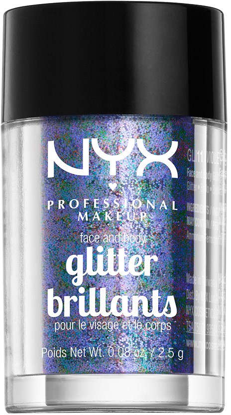 En genomskinlig behållare med holografiskt glitter och svart lock. NYX-logotyp och produktnamn på framsidan.