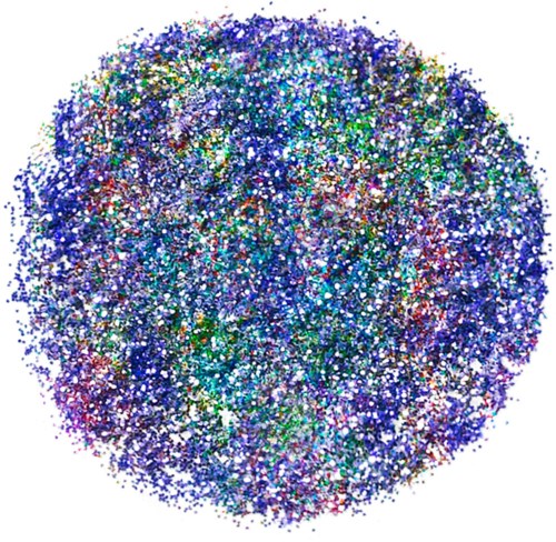 En rund form fylld med många små, färgglada glitterliknande partiklar, som ger en glittrande, glänsande effekt.