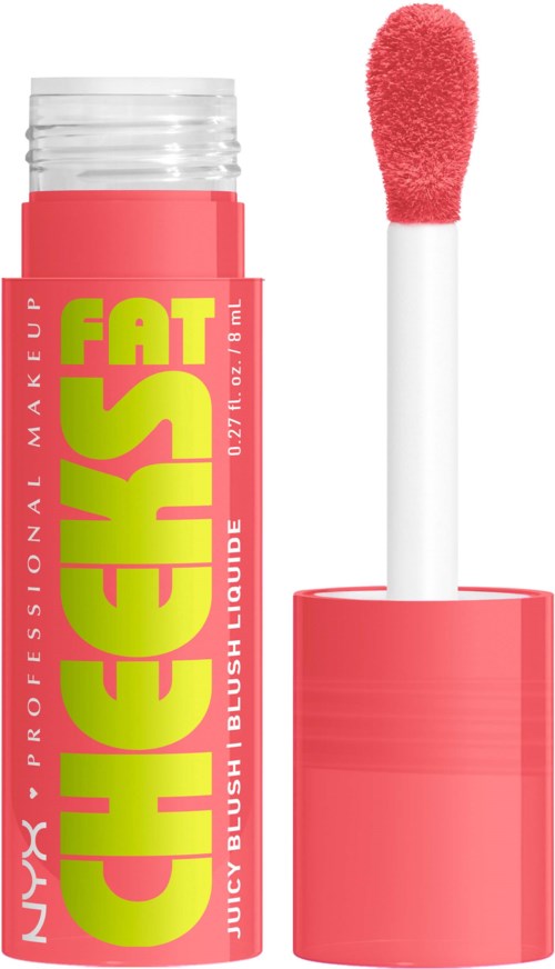 En rosa läppglansrör med svampapplikator inuti, märkt 'NYX PROFESSIONAL MAKE UP FAT CHES'.