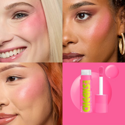 Tre kvinnor med olika hudtoner, nära ansiktsbilder, visar smink och förbereder sig, med en rosa läppglansflaska.