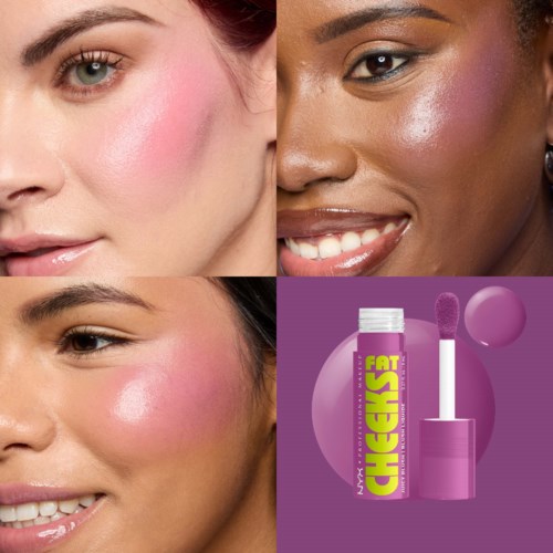 Two women with glowing skin and glossy lips, and a lip gloss product in pink packaging.