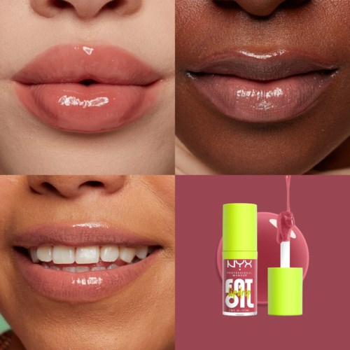 Bilder zeigen glänzende Lippen in unterschiedlichen Hauttönen und einen pinken Lipgloss von NYX.