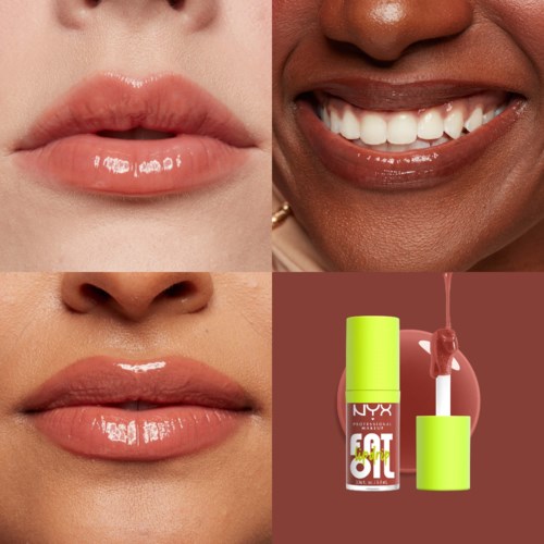 Nahaufnahme von Lippen, lachenden Zähnen und einer Lippenstiftflasche, die Farbanwendung zeigt.