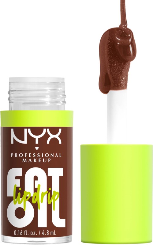 NYX Lip-Drip-Lippenstiftflasche offen, zeigt braunen Glossapplikator. Flasche ist weiß mit grünem Deckel und Etikett.