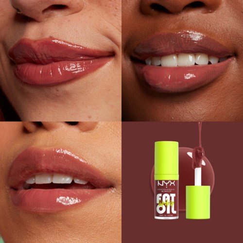 Nahaufnahme von glänzenden, glänzenden Lippen vor und nach dem Auftragen von Lipgloss mit NYX Lip Oil.