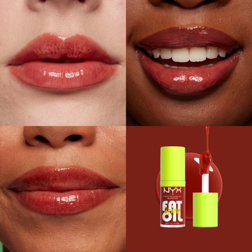 Das Bild zeigt Nahaufnahmen von Lippen mit glänzender roter Lippenstift und einem NYX Lipgloss-Röhrchen.