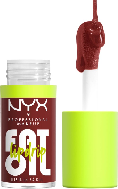 Eine Flasche NYX Lip Drip Gloss mit roter Farbe, ohne Deckel, mit Gloss, das vom Pinsel tropft.