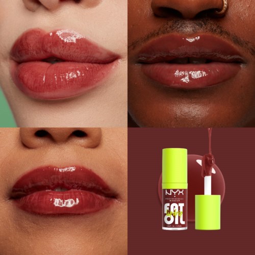 Drei Nahaufnahmen von Lippen mit glänzender Lippenstift und Lipgloss, plus eine NYX Lipgloss-Flasche.