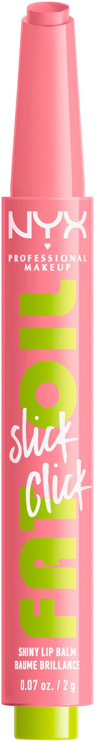 A pink NYX lip gloss tube with green and white writing, labeled 'For Glitz' and 'Shine Ultragloss'.