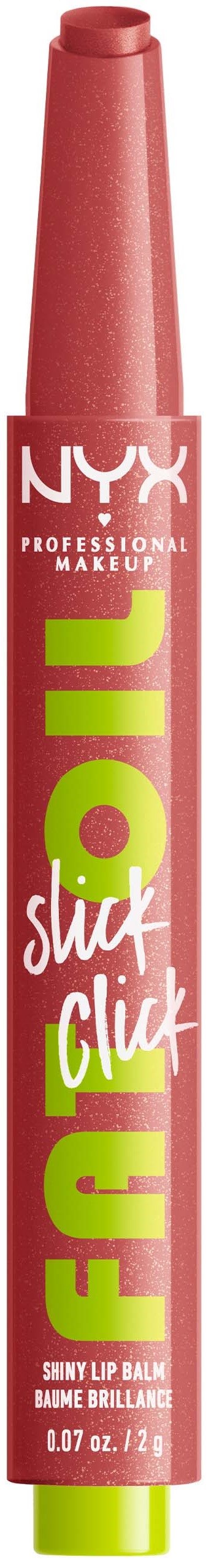 A pink lip balm stick with green and white text, showing NYX and FAMOUS logo.