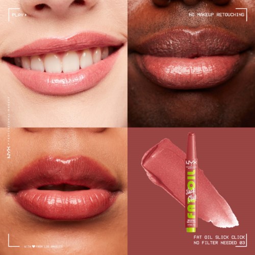 The image shows different lips and a pink lip product with a swatch and a lipstick tube.
