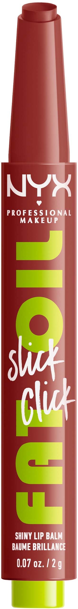 Lip balm in a pink tube with green and white text from NYX, labeled 'Soft Lip Click' and 'Shiny Lip Balm.'