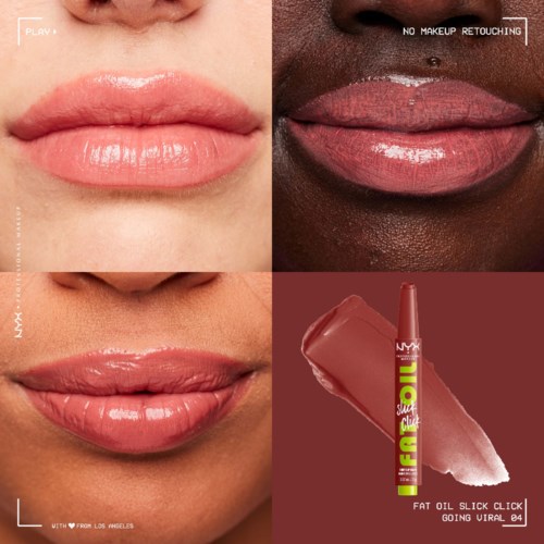 Three images of lips showing different lipstick shades and a NYX lip product, with labels and effects.