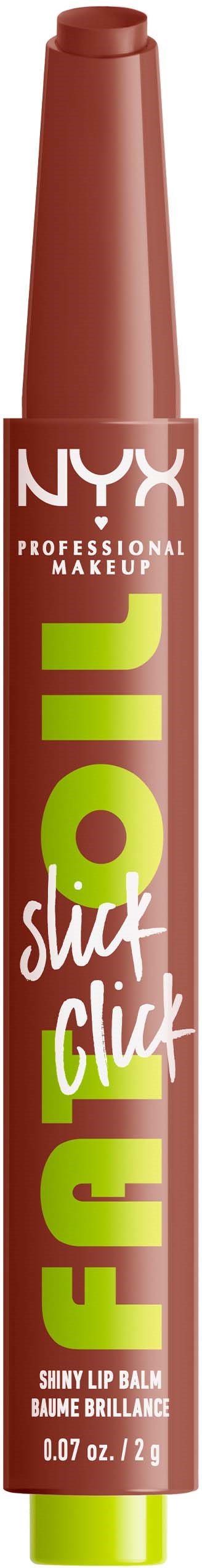A NYX Makeup lip balm in a pink tube with green and white text.