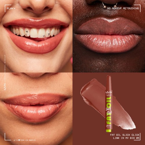 Comparison of smiles and lips with makeup and natural looks, along with a lipstick product.