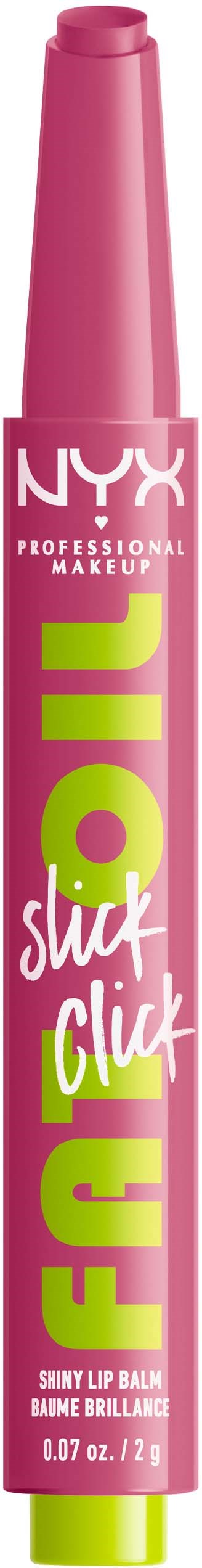 Pink NYX lip balm stick with green and white text, labeled 'Soft Click' and 'Shiny Lip Balm'.