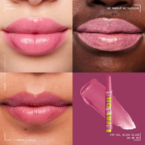 Close-up of lips with pink glossy lipstick, showing different skin tones and a NYX lip gloss product.