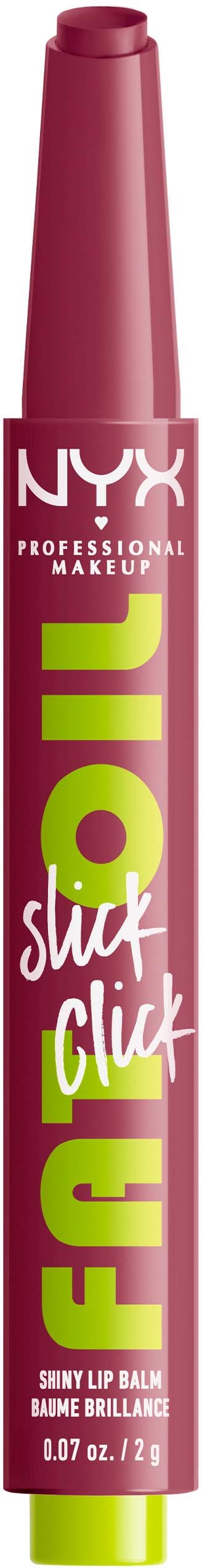 A NYX lip balm tube in pink with bright green and white text and logo, designed for shiny lips.