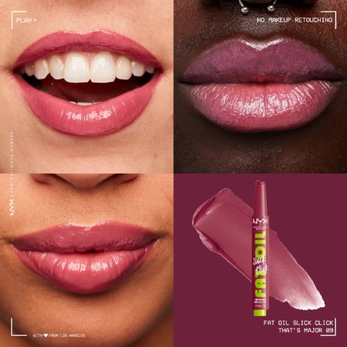 Three sets of lips show different lipstick styles and colors. The background features a NYX lip gloss and a close-up of lips.