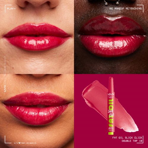 Close-up of lips with shiny red lipstick in different skin tones and a lip gloss product.