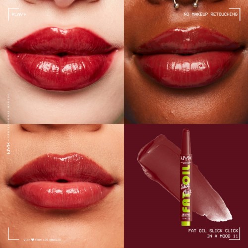 Three sets of lips with different lipstick shades and a lip gloss pen. The lips are shiny and well-shaped.