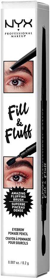 Een witte NYX make-updoos met oogafbeeldingen, tekst 'Fill & Fluff' en een kleine kwasttekening.