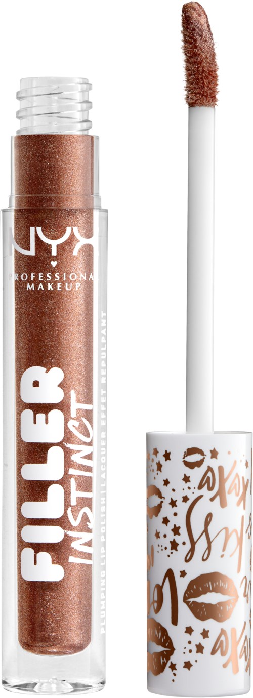 En läppglansrör med applikator, märkt "Filler Instinct," innehåller ett skimrande brunt gloss.