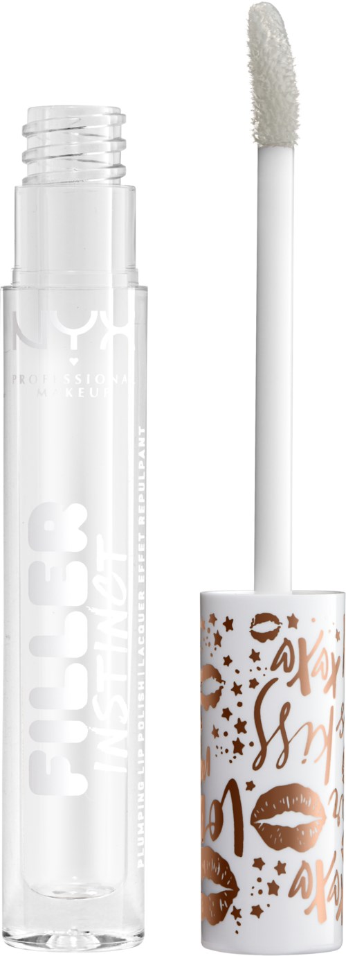 Een doorzichtige lipgloss-bus met een witte applicator, versierd met gouden en zwarte lippen en sterren.