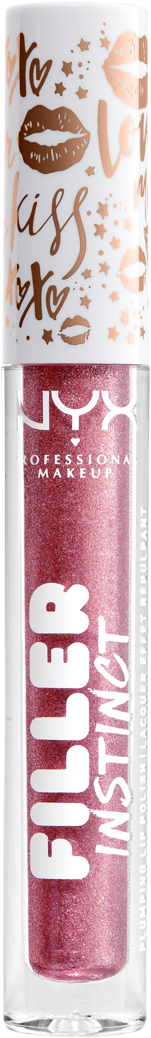 Rosa metallisk läppglans i ett genomskinligt tube med vitt och roséguldslock, märkt 'Filler Instinct'.
