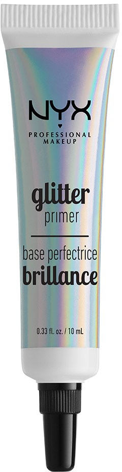 Glanzende tube met NYX glitter primer met zwarte dop, etiket toont productdetails en merk.