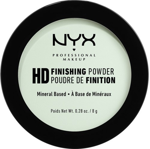 En rund behållare med NYX HD Finishing Powder, mineralbaserad, med vitt etikett och svart lock.